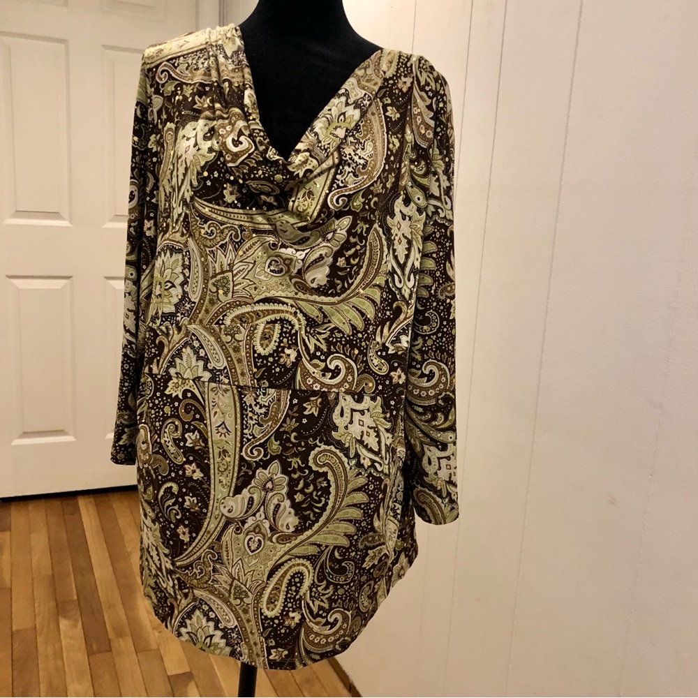 Vintage Paisley Floral Sequin cowl neck blouse, Gorgeous! 2X